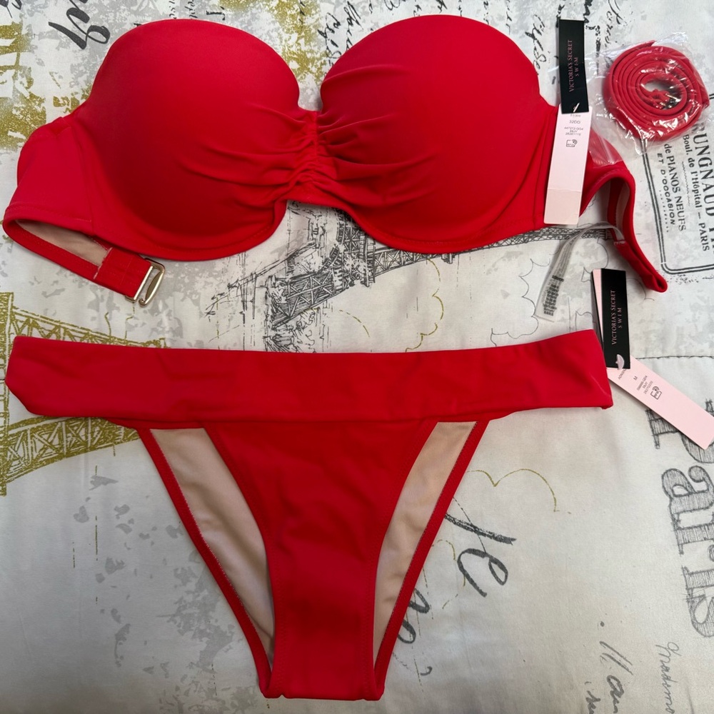 Victoria's Secret Red Bikini Set Push-Up Strapless or Multiway